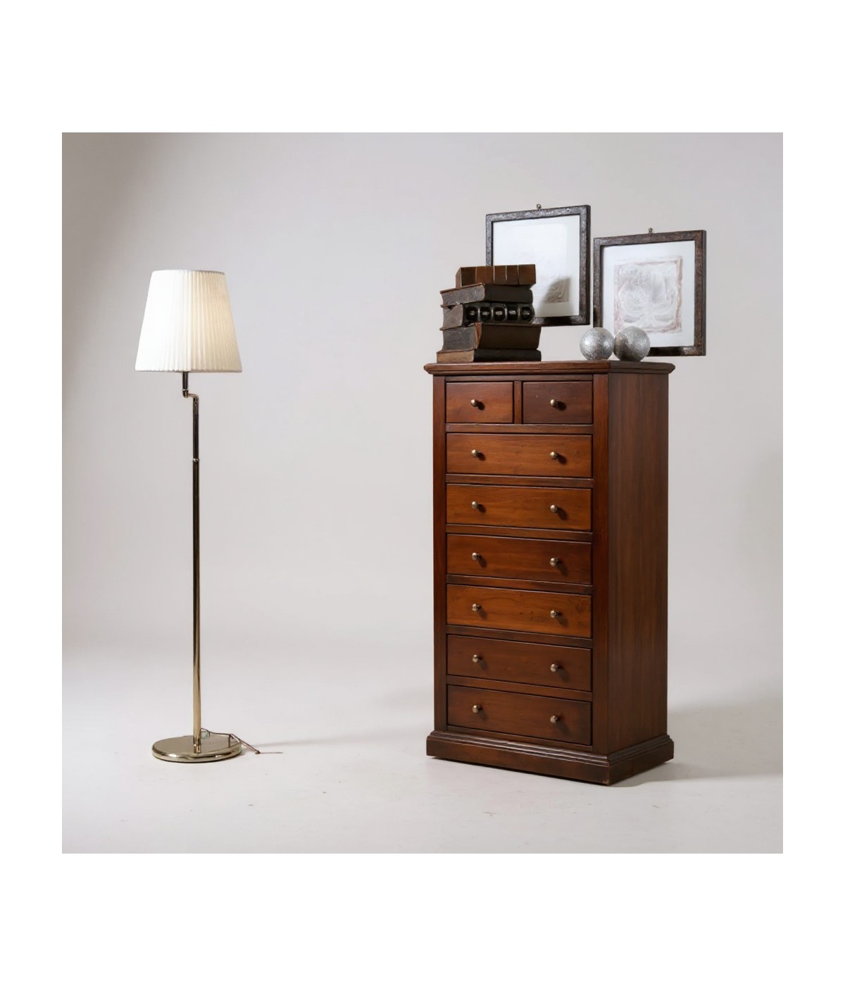 Cassettiera arte povera 8 cassetti in legno noce 66x40X129 vista frontale