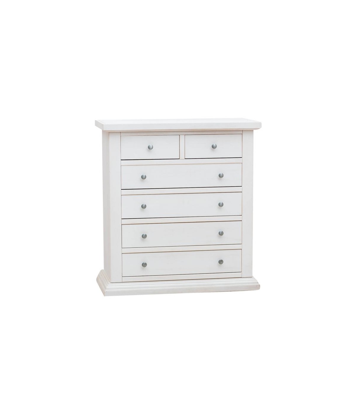Cassettiera 6 cassetti legno shabby bianco pomolo argento 86x40X96 vista frontale