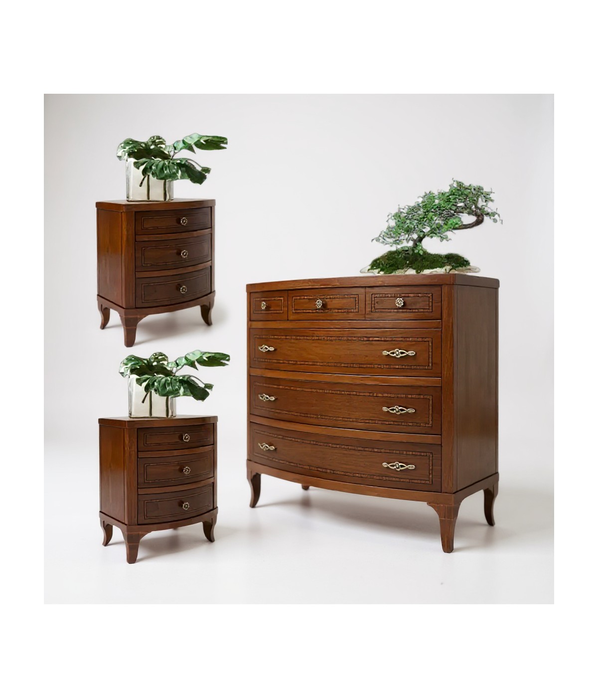 Gruppo 1 Cassettiera 2 Comodini legno classico sagomati noce bassano vista frontale