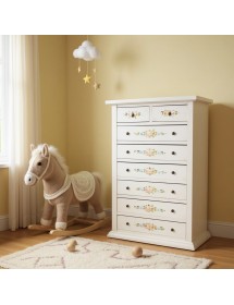 MOBILI 2G - Cassettiera 8 cassetti legno shabby bianco anticato decori 87x40X125 vista frontale