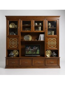 MOBILI 2G - Parete attrezzata classica in legno noce bassano particolari oro 281x55x245 (1229) vista frontale