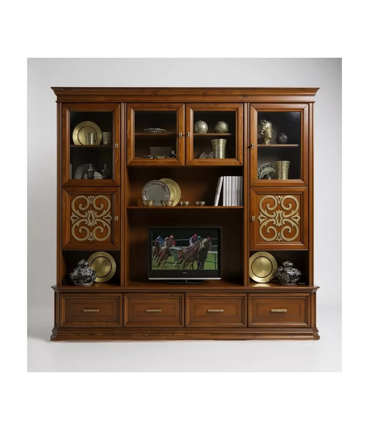 MOBILI 2G - Parete attrezzata classica in legno noce bassano particolari oro 281x55x245 (1229) vista frontale