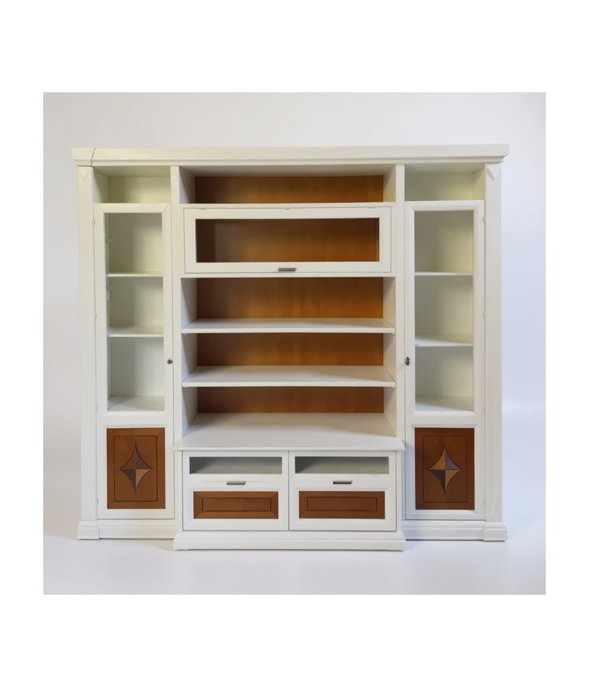 Parete attrezzata shabby legno bianca noce bassano con intarsi 267x56x236 vista frontale