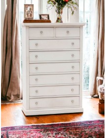 Cassettiera 8 cassetti legno bianco anticato pomoli argento 87x40X126 VISTA FRONTALE