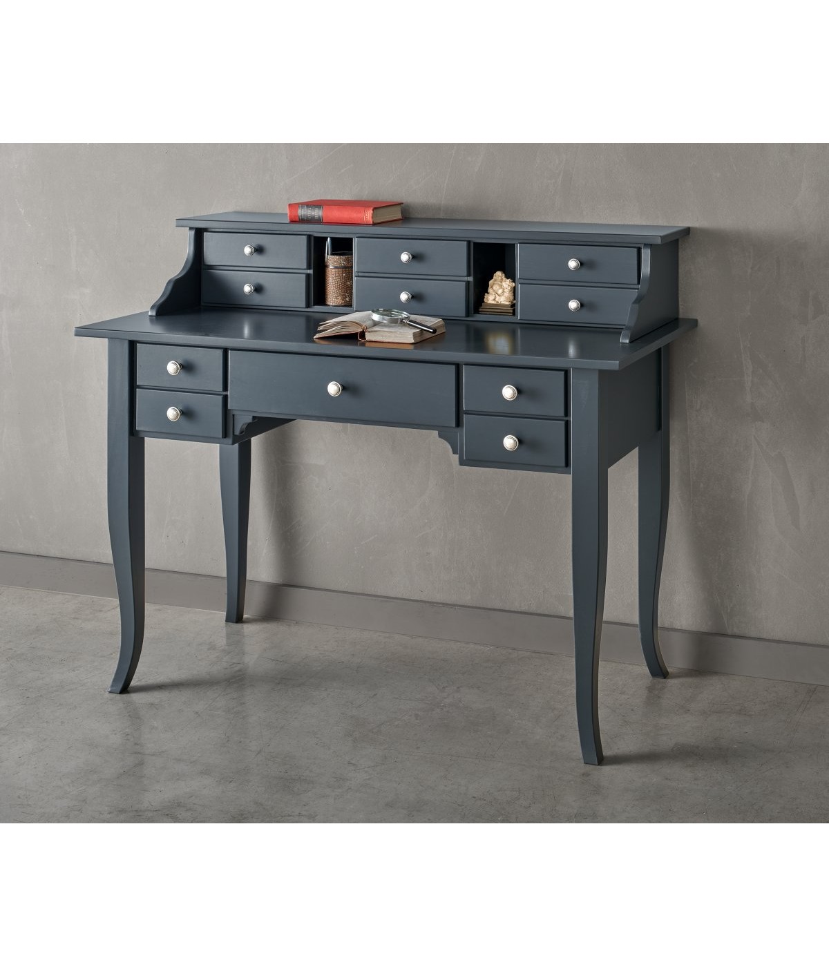 Scrivania 11 cassetti legno shabby grigio 120X57X104 VISTA FRONTALE