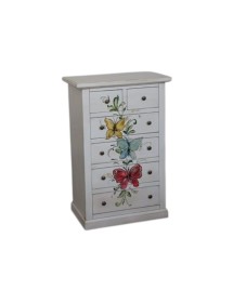 Cassettiera 6 cassetti in legno shabby bianco anticato decori farfalla 62x37X93 vista frontale