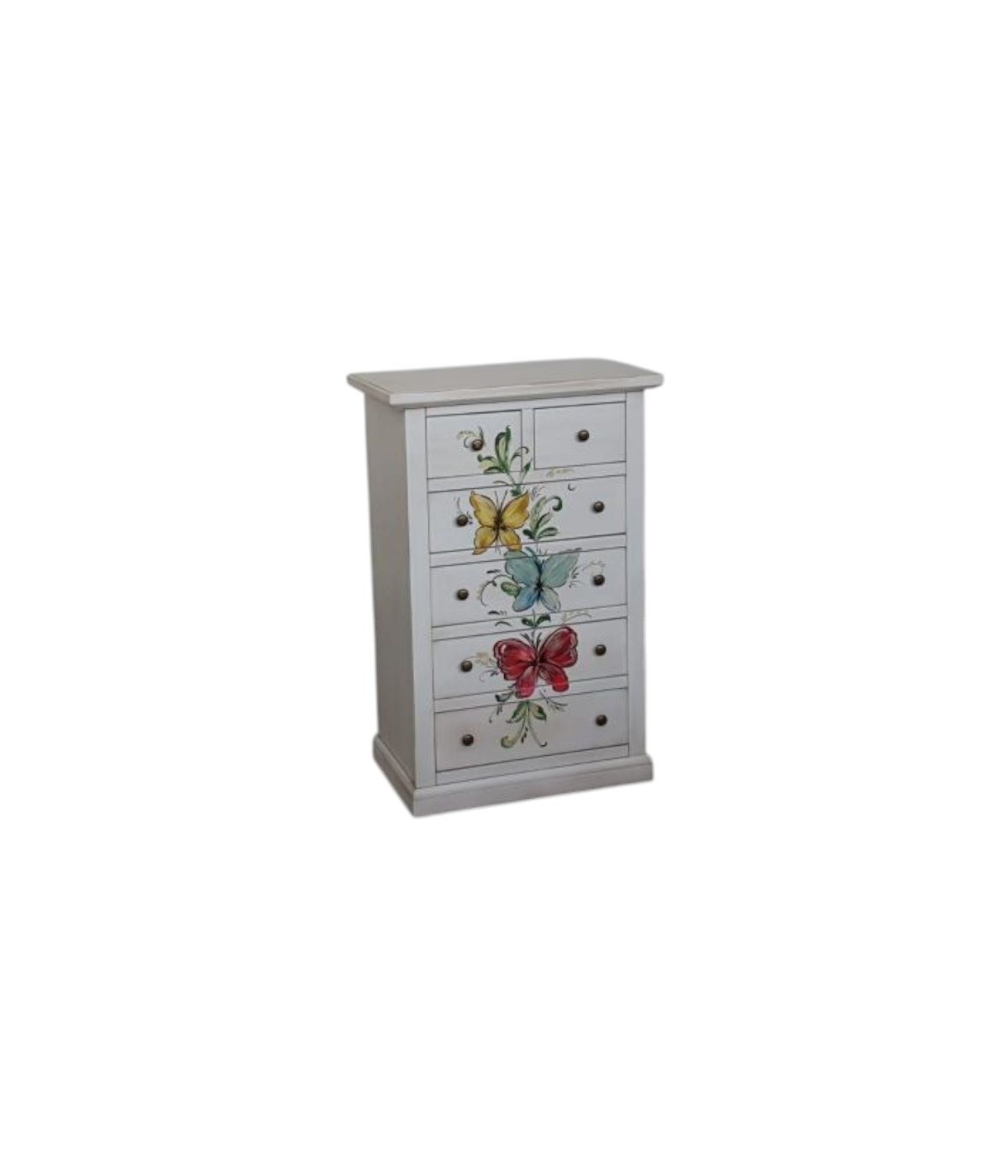 Cassettiera 6 cassetti in legno shabby bianco anticato decori farfalla 62x37X93 vista frontale