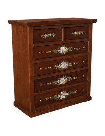 Cassettiera 6 cassetti arte povera legno tinta noce decorato 86x40X96 VISTA FRONTALE