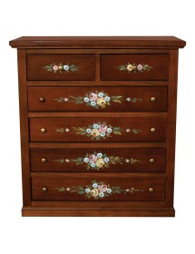 Cassettiera 6 cassetti arte povera legno tinta noce decorata 86x40X96 VISTA FRONTALE