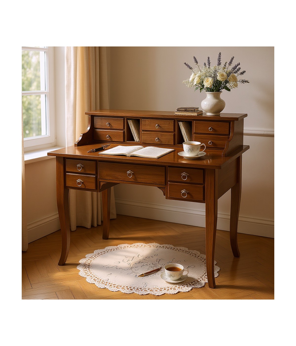 MOBILI 2G - SCRIVANIA 11 CASSETTI IN LEGNO ARTE POVERA TINTA NOCE 120X57X104