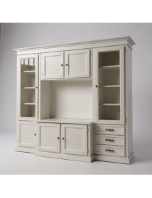 Parete attrezzata porta tv shabby legno bianco anticato con rilievo 250x53x225