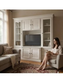 Parete attrezzata porta tv shabby legno bianco con rilievo 250x53x225