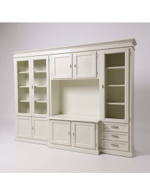 PARETE ATTREZZATA PORTA TV CLASSICA IN LEGNO DECORO SHABBY BIANCO 300x53x225