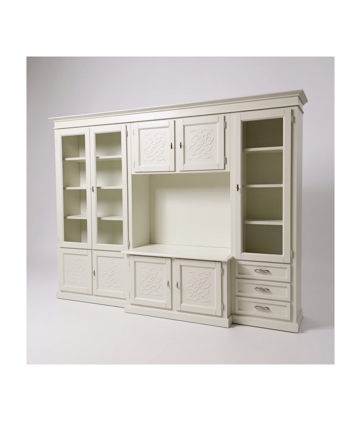 PARETE ATTREZZATA PORTA TV CLASSICA IN LEGNO DECORO SHABBY BIANCO 300x53x225