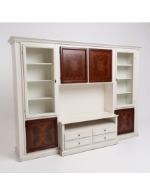 MOBILI 2G - Parete attrezzata shabby legno bianca noce con intarsi 322x56x237 (344) vista frontale