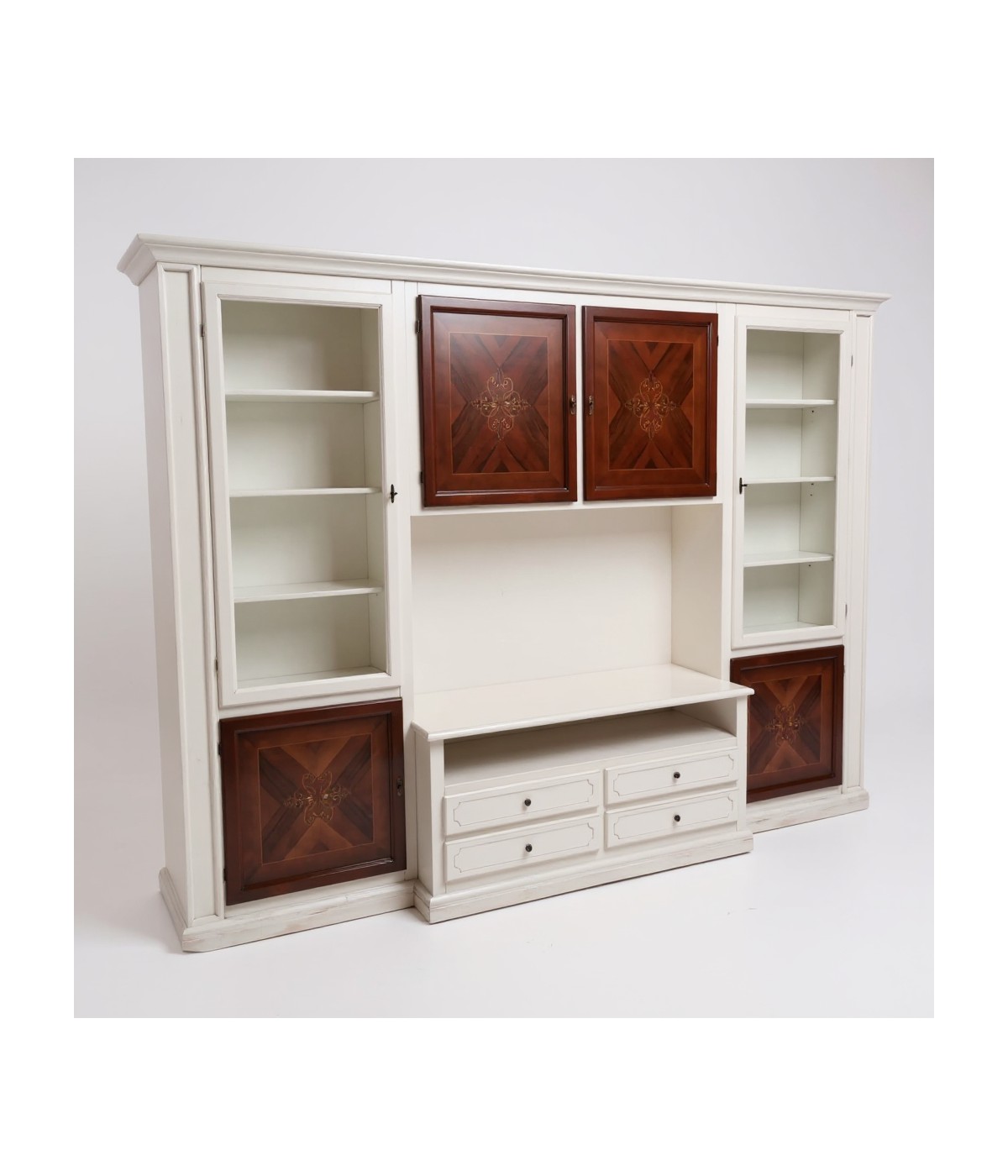 MOBILI 2G - Parete attrezzata shabby legno bianca noce con intarsi 322x56x237 (344) vista frontale