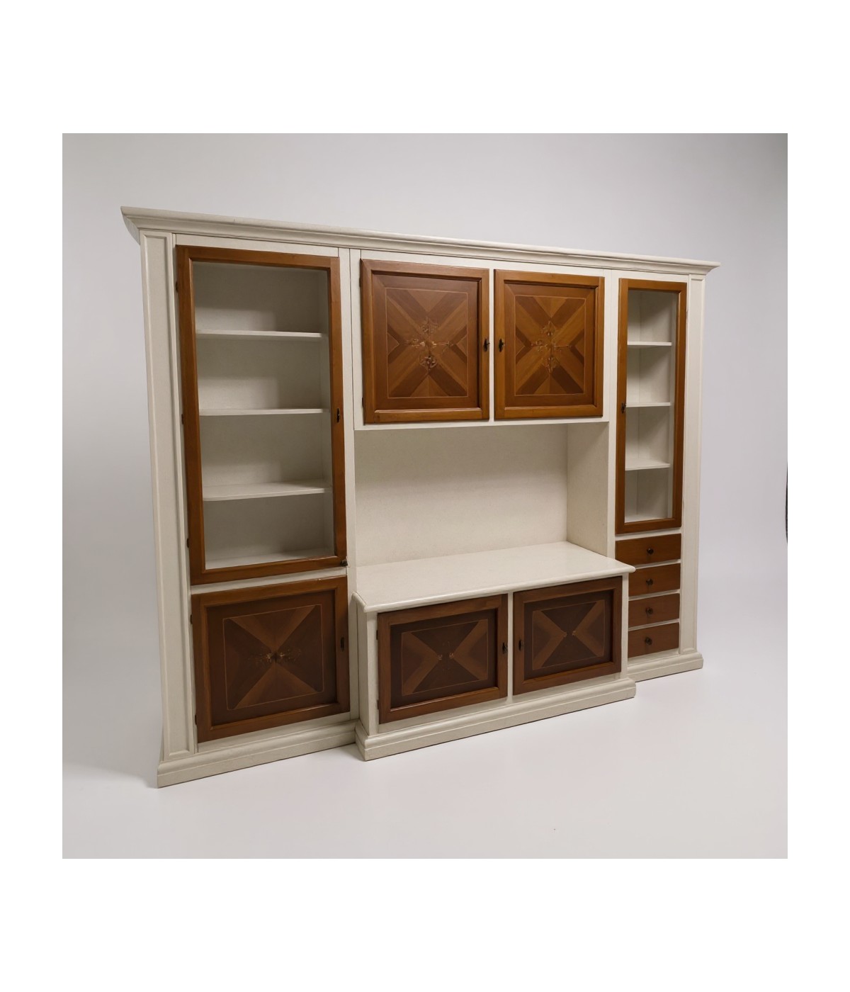 MOBILI 2G - Parete attrezzata shabby legno bianca noce bassano con intarsi 298x56x237 (343F) VISTA FRONTALE