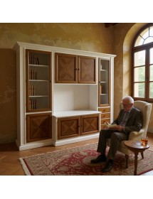 MOBILI 2G - Parete attrezzata shabby legno bianca noce bassano con intarsi 298x56x237 (343F) VISTA FRONTALE