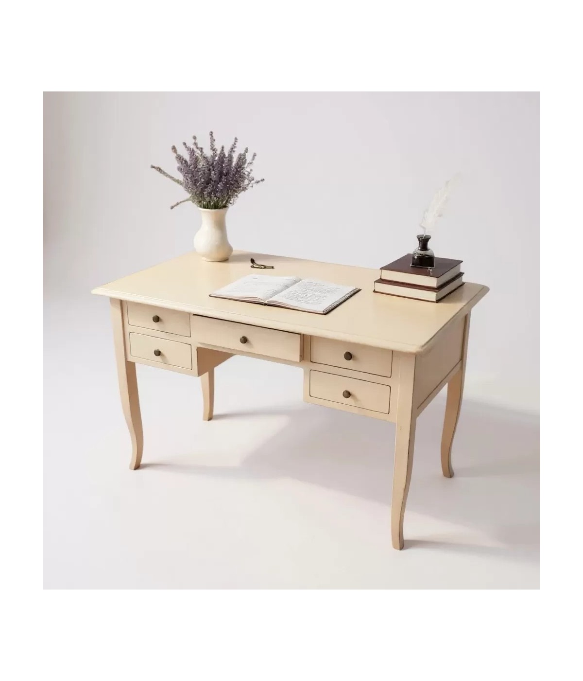 Scrivania arte povera 5 cassetti legno avorio 105x56x81