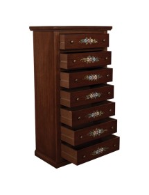 Cassettiera 7 cassetti arte povera legno tinta noce decorata 70x40X120 VISTA FRONTALE