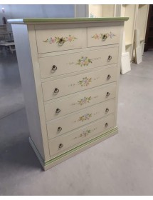 Cassettiera 7 cassetti shabby bianco anticato decorata filo verde 87x40X126 vista frontale