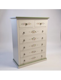 Cassettiera 7 cassetti shabby bianco anticato decorata filo verde 87x40X126 vista frontale