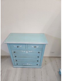 Cassettiera 6 cassetti in legno shabby azzurro anticato decorato 86x40X96 vista frontale