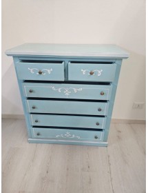 Cassettiera 6 cassetti in legno shabby azzurro anticato decorato 86x40X96 vista frontale
