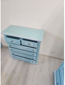Cassettiera 6 cassetti in legno shabby azzurro anticato decorato 86x40X96 vista frontale