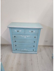 Cassettiera 6 cassetti in legno shabby azzurro anticato decorato 86x40X96 vista frontale