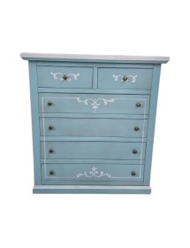 Cassettiera 6 cassetti in legno shabby azzurro anticato decorato 86x40X96 vista frontale
