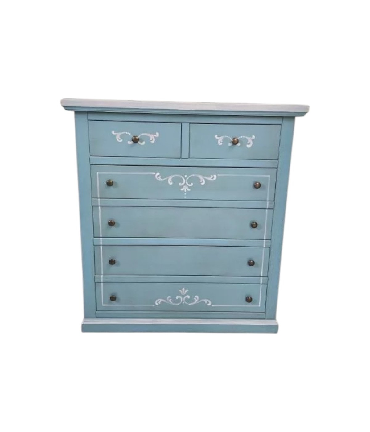 Cassettiera 6 cassetti in legno shabby azzurro anticato decorato 86x40X96 vista frontale