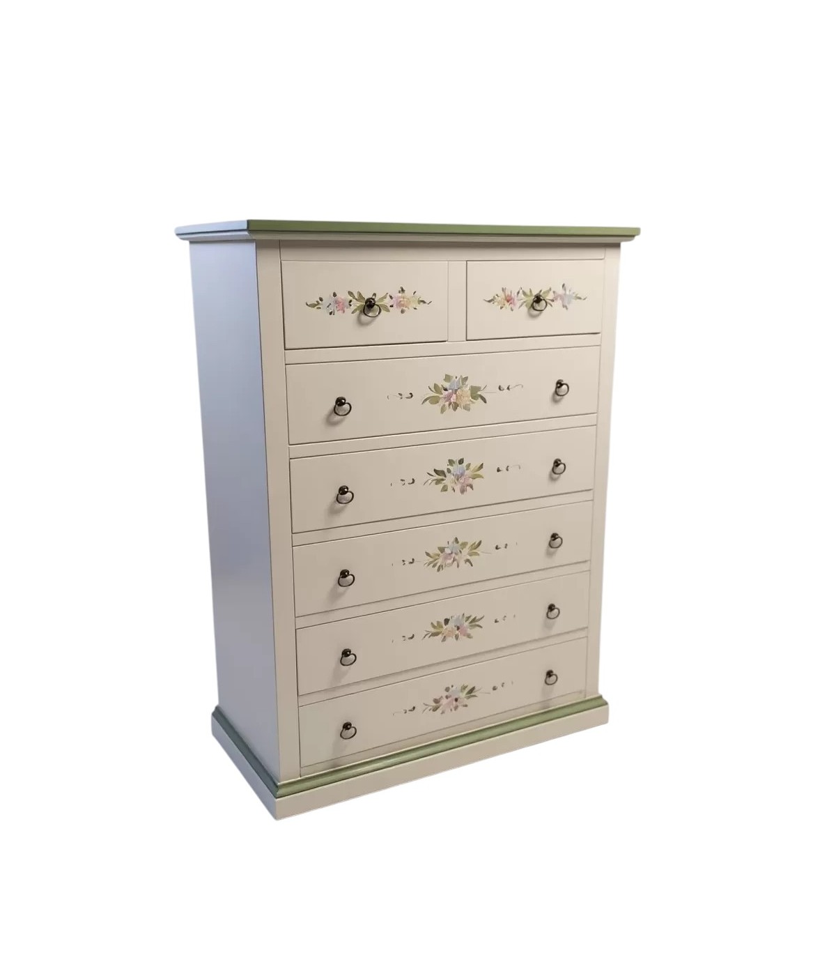 Cassettiera 7 cassetti shabby bianco anticato decorata filo verde 87x40X126 vista frontale