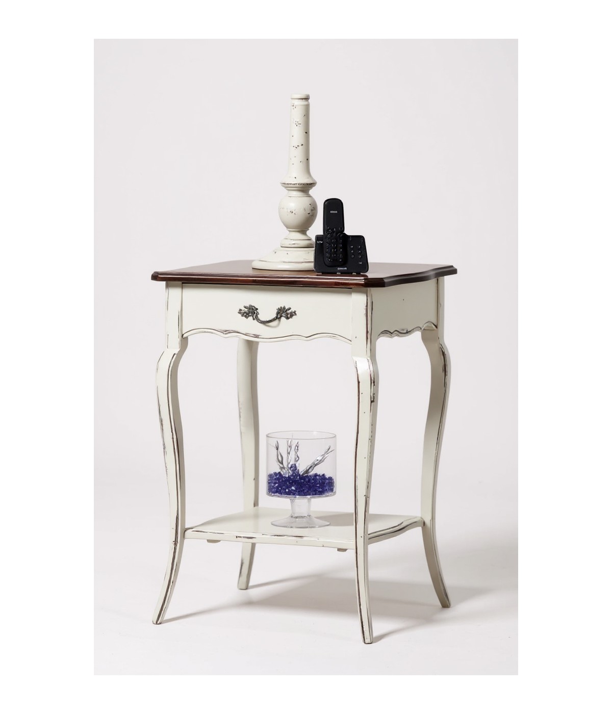 MOBILI 2G - Consolle porta lampada 1 cassetto legno bianco shabby bicolore 52X52x78 VISTA FRONTALE