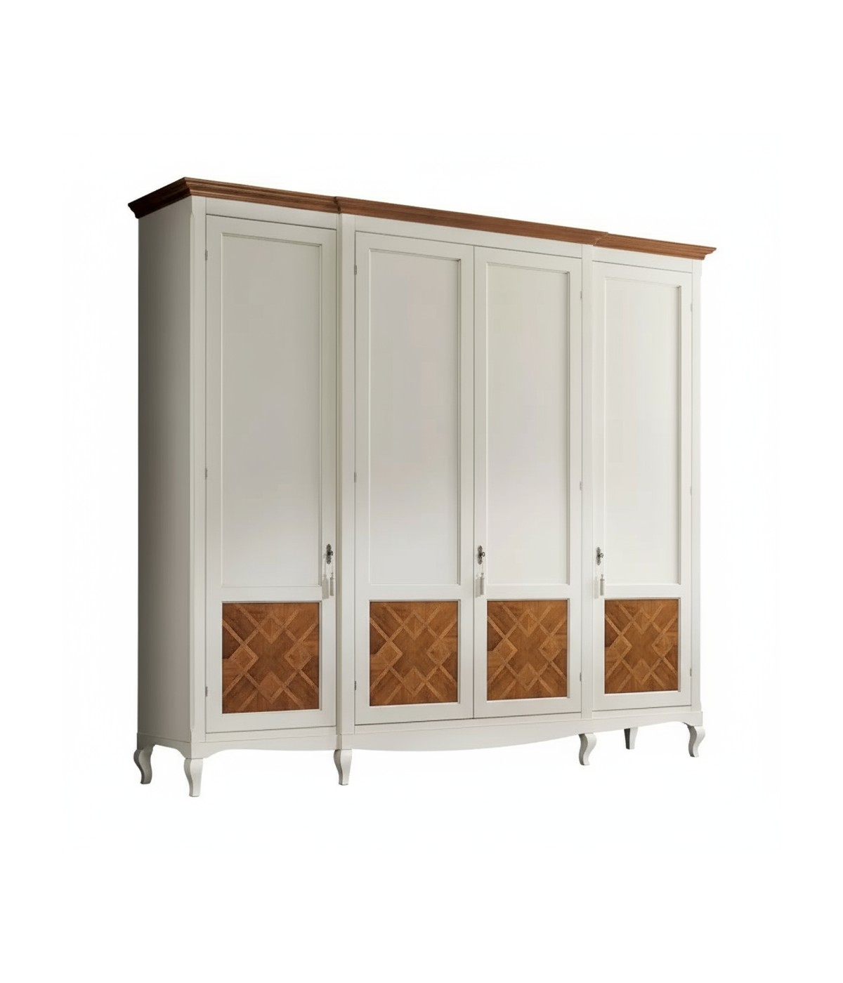 MOBILI 2G - Armadio classico 4 porte intarsiate Legno bicolore shabby 286x65x255 vista frontale