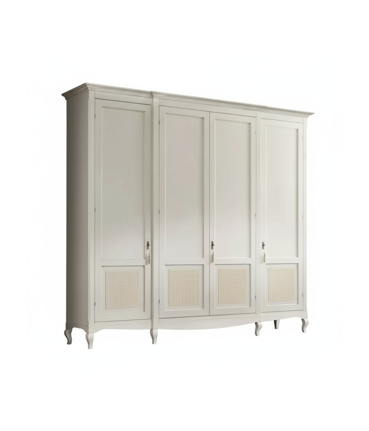 MOBILI 2G - Armadio classico 4 porte paglia di vienna Legno bianco shabby 286x65x255 vista frontale