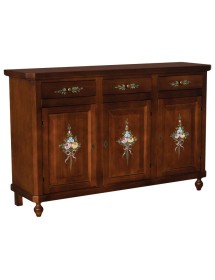 Madia credenza 3 porte arte povera tinta noce decorata 150x43x98 VISTA FRONTALE