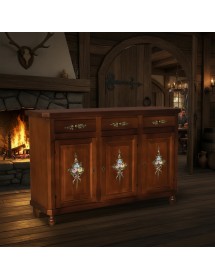 Madia credenza 3 porte arte povera tinta noce decorata 150x43x98 VISTA FRONTALE