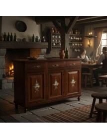 Madia credenza 3 porte arte povera tinta noce decorata 150x43x98 VISTA FRONTALE