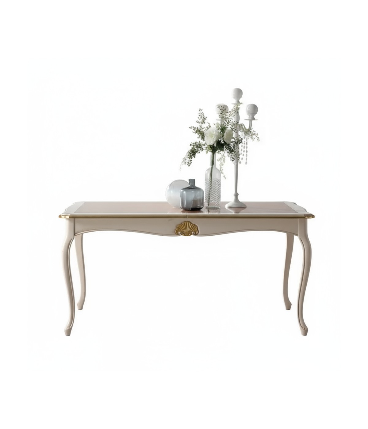 TAVOLO RETTANGOLARE ALLUNGABILE LEGNO SHABBY DECORI ORO ARGENTO 160X100x78