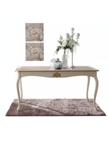 TAVOLO RETTANGOLARE ALLUNGABILE LEGNO SHABBY DECORI ORO ARGENTO 160X100x78