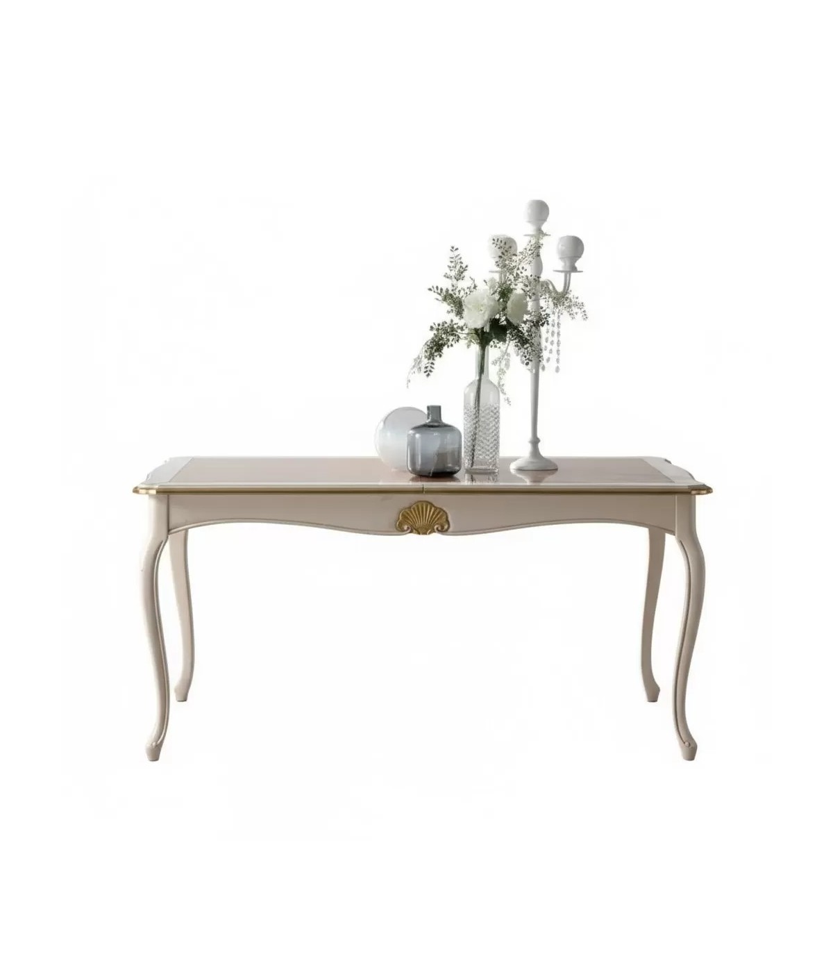 TAVOLO RETTANGOLARE ALLUNGABILE LEGNO SHABBY DECORI ORO 180X100x78