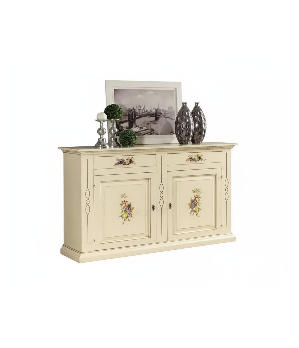 MOBILI 2G - CREDENZONE SHABBY LEGNO AVORIO CON DECORI 177x48x110 VISTA FRONTALE