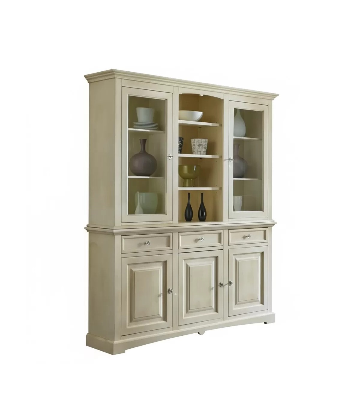 VETRINA IN LEGNO 3 ANTE SHABBY CHIC AVORIO ANTICATO L.170 P.46 H.215