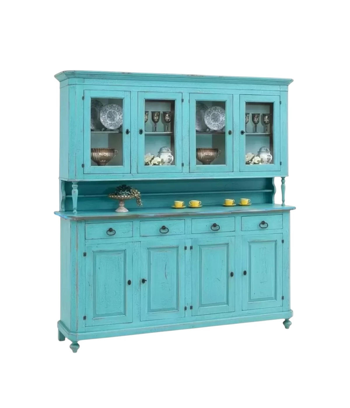 MOBILI 2G - Cristalliera 4 porte legno shabby azzurro consumato 196X43X208 VISTA FRONTALE