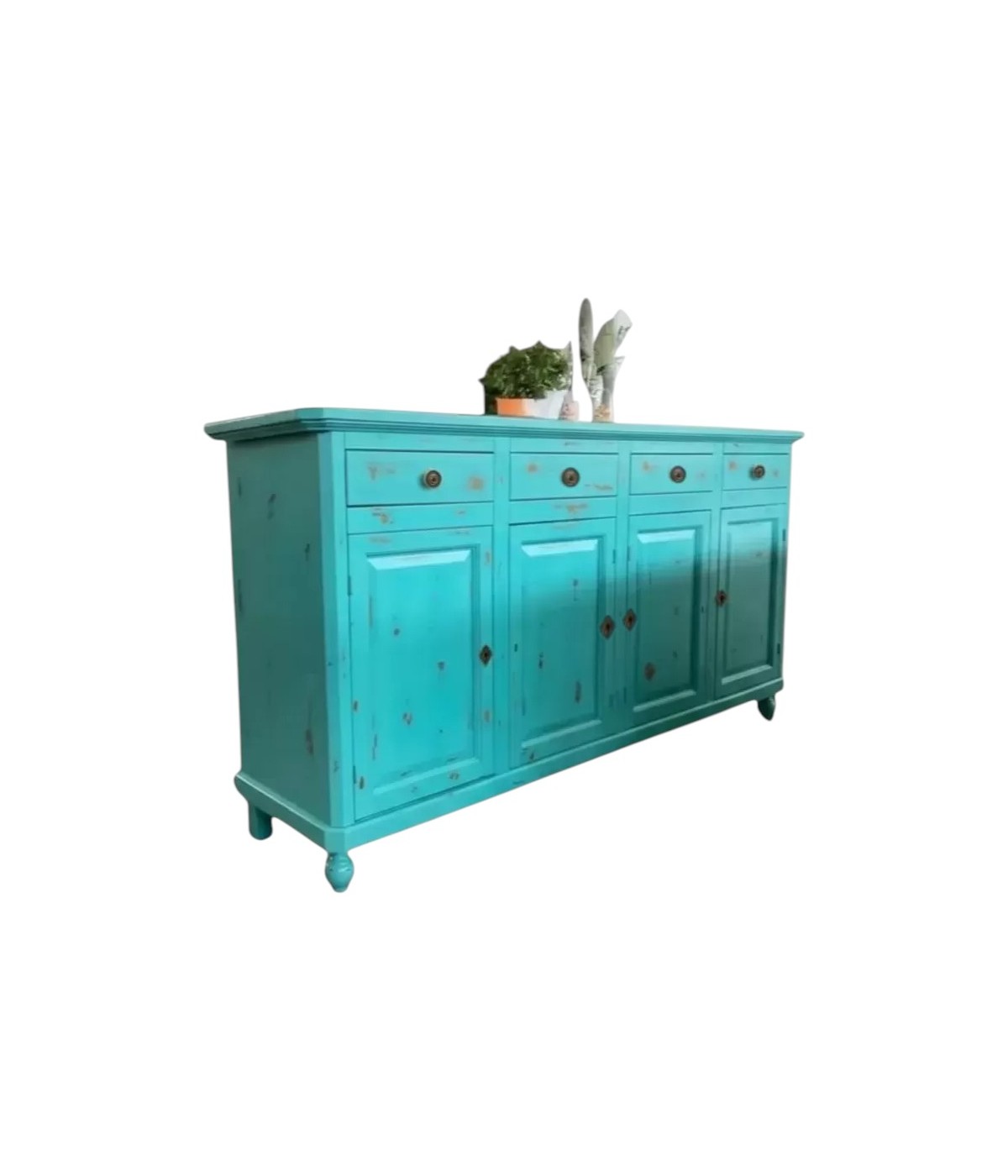 MOBILI 2G - MADIA CREDENZA 4 PORTE IN LEGNO SHABBY CHIC AZZURRO CONSUMATO 196X43X96 vista frontale