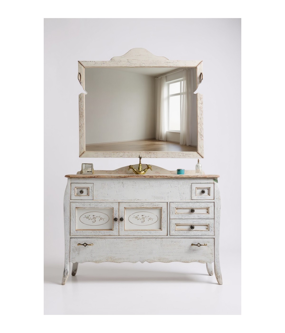 MOBILE BAGNO LEGNO BAROCCO BIANCO PATINATO VARIE MISURE L.103/123/133/143 H.97 P. 60