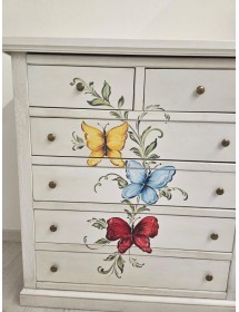 Cassettiera 6 cassetti in legno shabby bianco anticato decori farfalla 86x40X96