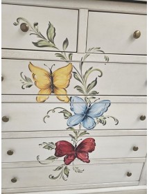 Cassettiera 6 cassetti in legno shabby bianco anticato decori farfalla 86x40X96