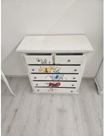 Cassettiera 6 cassetti in legno shabby bianco anticato decori farfalla 86x40X96